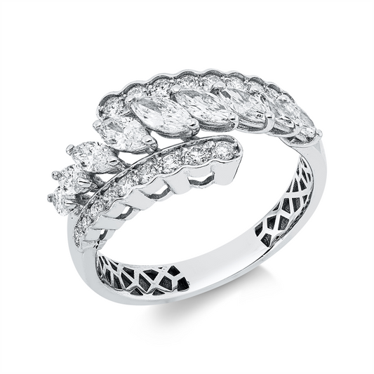 Ring 18 kt WG, 9 Nav. 0,92 ct, F-vsi, 18 Brill. 0,30 ct, F-si