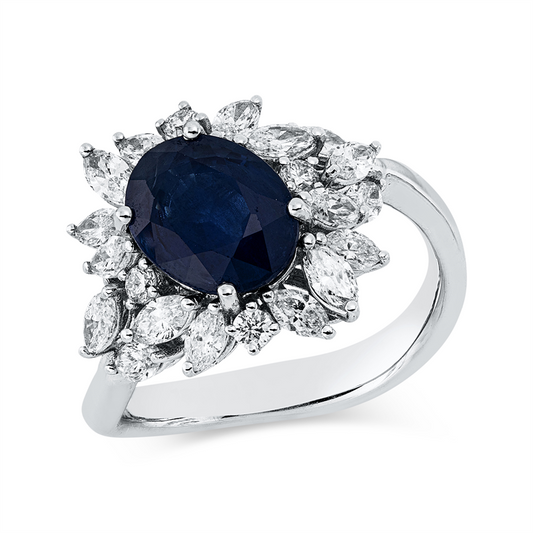 Ring 18 kt WG, 22 Brill. 1,00 ct, TW-si, 1 Saphir 1,40 ct blau