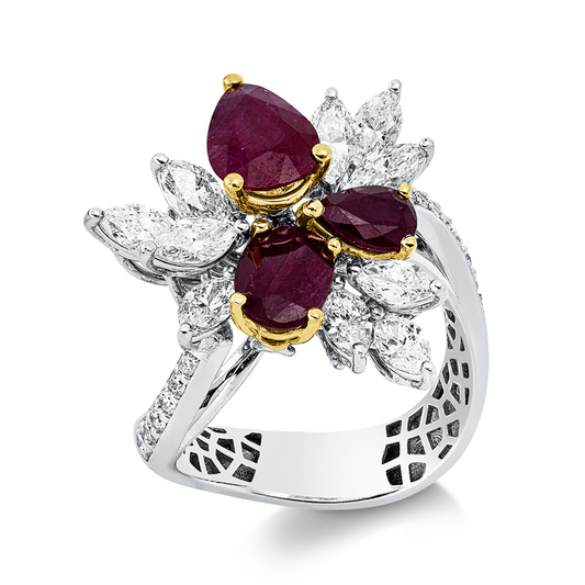 Ring 18 kt WG+GG, 10 Nav. 1,42 ct, F-vsi, 13 Brill. 0,18 ct, F-si, 3 Rubine 2,59 ct rot