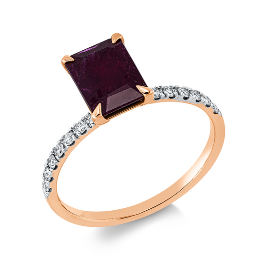Ring 18 kt RG+WG, 14 Brill. 0,18 ct, F-si, 1 Rubin 1,81 ct rot