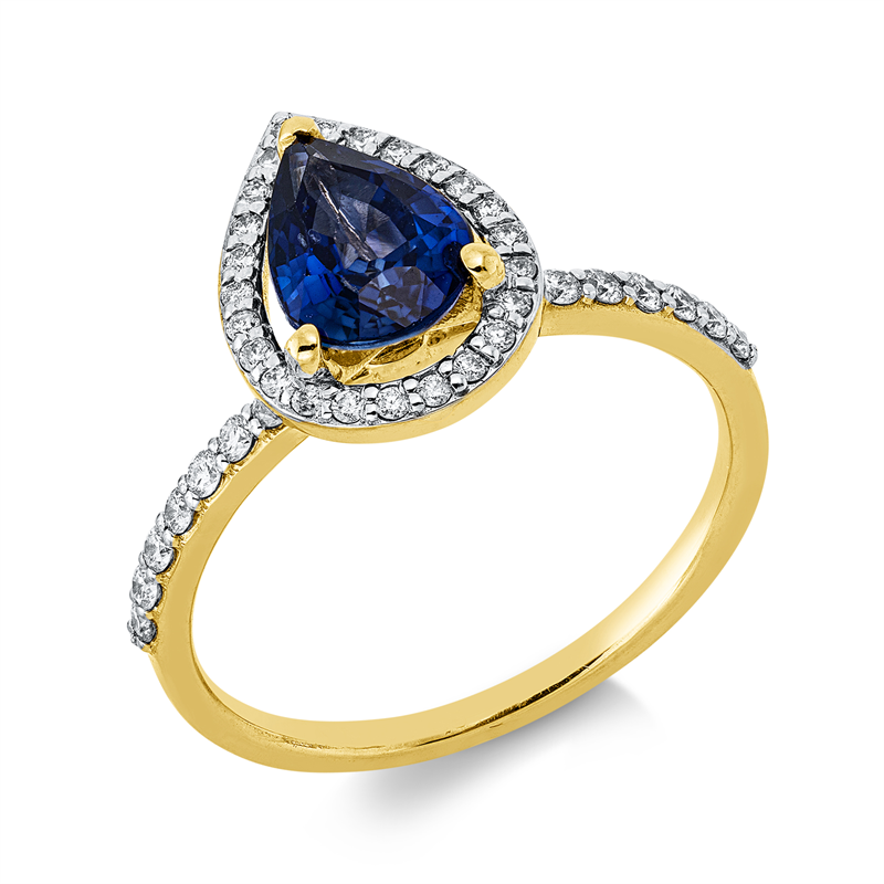 Ring 18 kt GG+WG, 16 Brill. 0,18 ct, F-si, 24 Brill. 0,11 ct, F-si, 1 Saphir 1,21 ct blau
