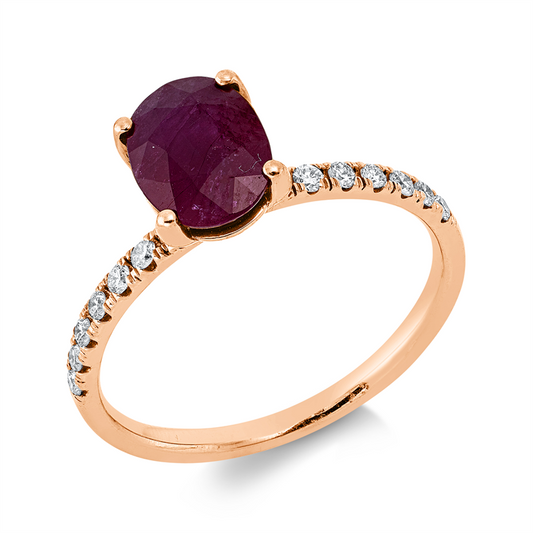 Ring 18 kt RG, 14 Brill. 0,18 ct, F-si, 1 Rubin 1,37 ct rot