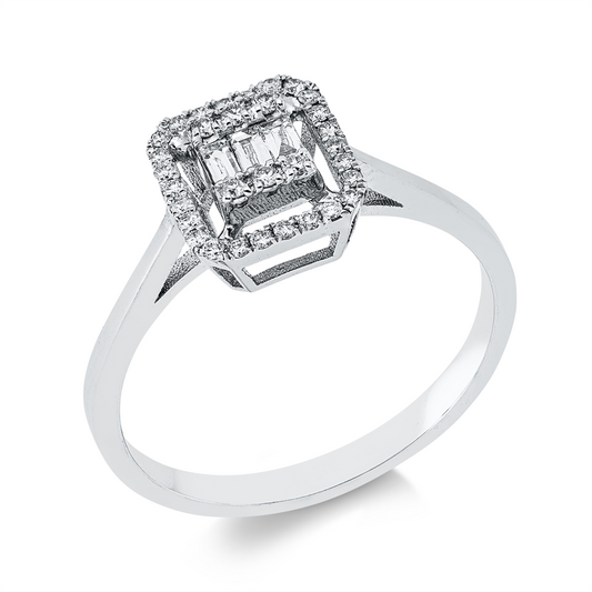 Ring 14 kt WG, 3 Bag. 0,07 ct, F-vsi, 32 Brill. 0,13 ct, F-si