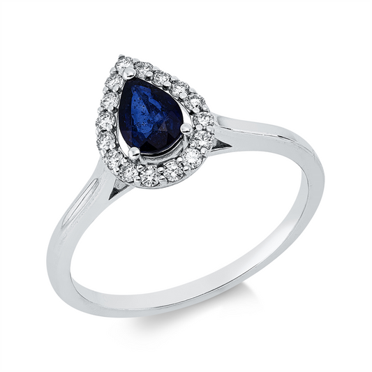 Ring 18 kt WG, 16 Brill. 0,16 ct, F-si, 1 Saphir 0,43 ct blau