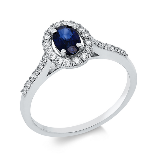 Ring 18 kt WG, 28 Brill. 0,28 ct, F-si, 1 Saphir 0,47 ct blau