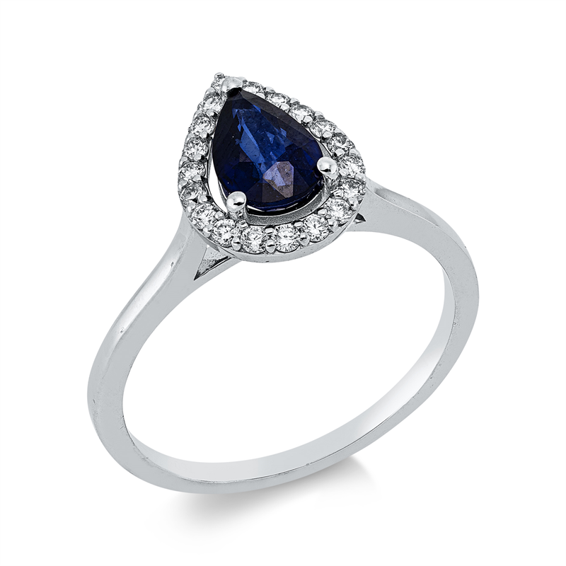 Ring 18 kt WG, 19 Brill. 0,19 ct, TW-si, 1 Saphir 0,85 ct blau