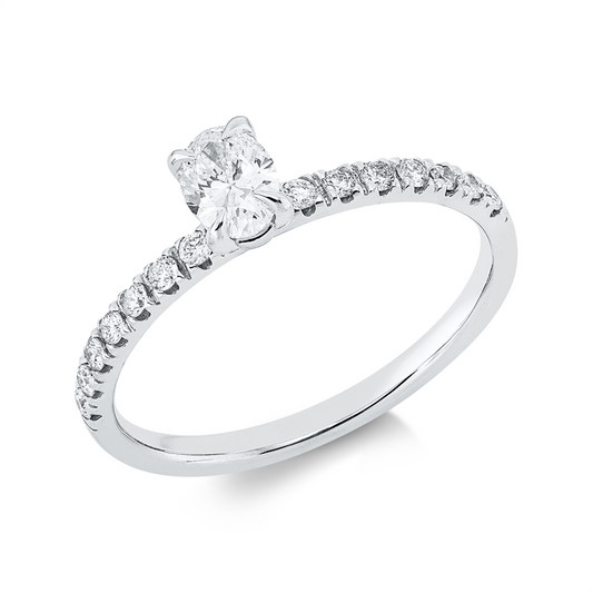 Ring 18 kt WG, 1 Oval 0,31 ct, F-vsi, 14 Brill. 0,17 ct, F-si