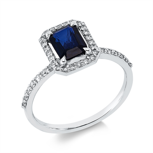 Ring 18 kt WG, 16 Brill. 0,18 ct, F-si, 24 Brill. 0,13 ct, F-si, 1 Saphir 0,91 ct blau