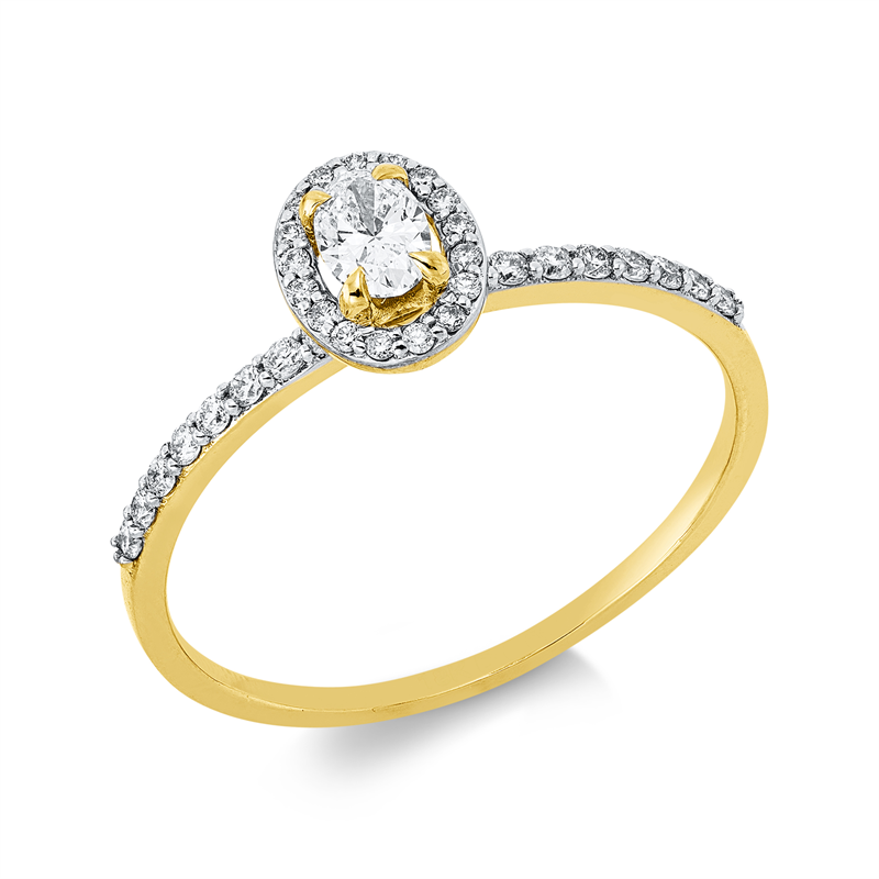 Ring 18 kt GG+WG, 16 Brill. 0,19 ct, F-si, 1 Oval 0,32 ct, F-vsi, 18 Brill. 0,09 ct, F-si