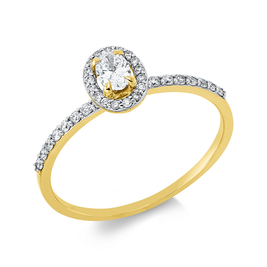 Ring 18 kt GG+WG, 16 Brill. 0,19 ct, F-si, 1 Oval 0,32 ct, F-vsi, 18 Brill. 0,09 ct, F-si