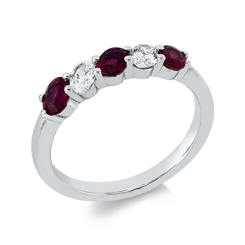 Ring 18 kt WG, 2 Oval 0,28 ct, TW-si, 3 Rubine 0,72 ct rot