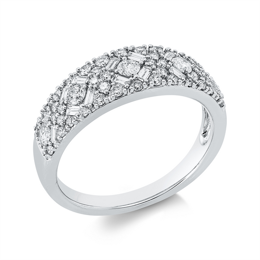 Ring 14 kt WG, 14 Brill. 0,16 ct, 5 Brill. 0,27 ct, 16 Bag. 0,24 ct, 28 Brill. 0,16 ct, W-si/pi