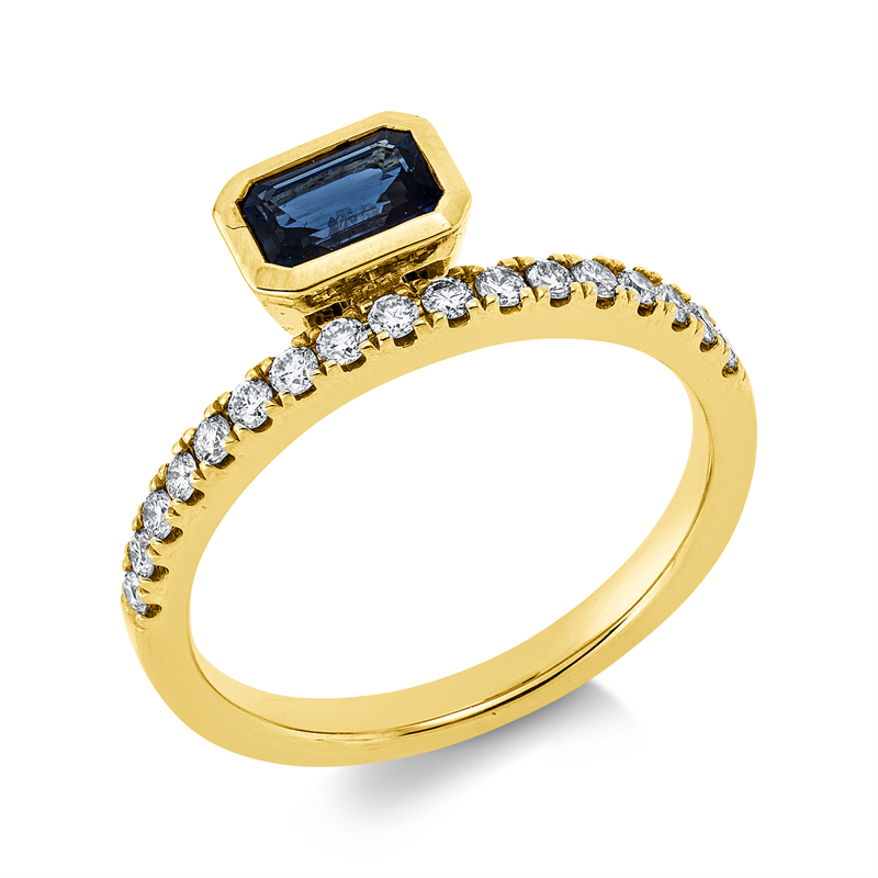 Ring 14 kt GG, 17 Brill. 0,26 ct, W-si/pi, 1 Saphir 0,64 ct blau