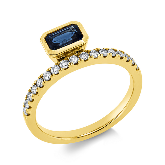 Ring 14 kt GG, 17 Brill. 0,26 ct, W-si/pi, 1 Saphir 0,64 ct blau