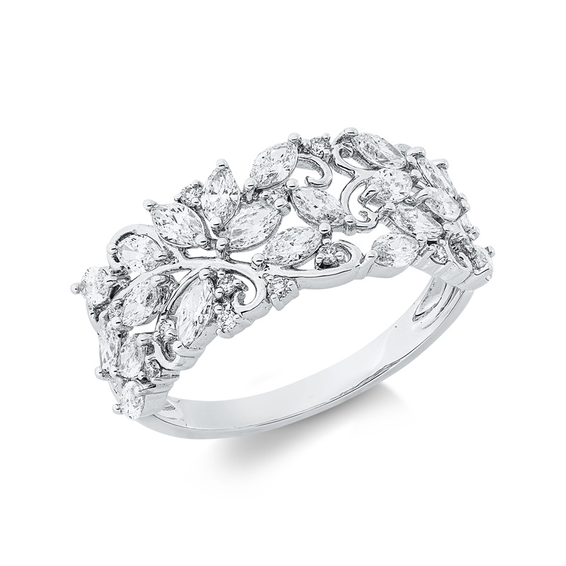 Ring 18 kt WG, 12 Brill. 0,08 ct, TW-si, 21 Nav. 1,01 ct, TW-si