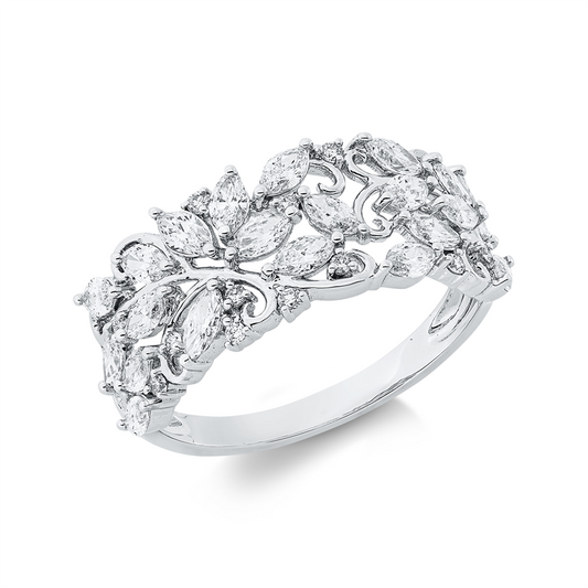 Ring 18 kt WG, 12 Brill. 0,08 ct, TW-si, 21 Nav. 1,01 ct, TW-si