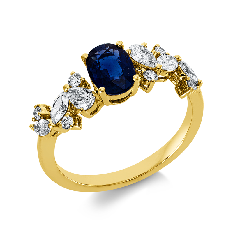 Ring 18 kt GG, 4 Nav. 0,24 ct, 2 Tropfen 0,20 ct, 6 Brill. 0,09 ct, TW-si, 1 Saphir 1,01 ct blau