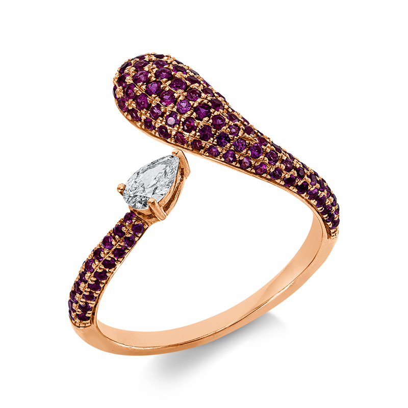 Ring 18 kt RG, 1 Tropfen 0,16 ct, TW-si, 122 Rubine 0,79 ct rot