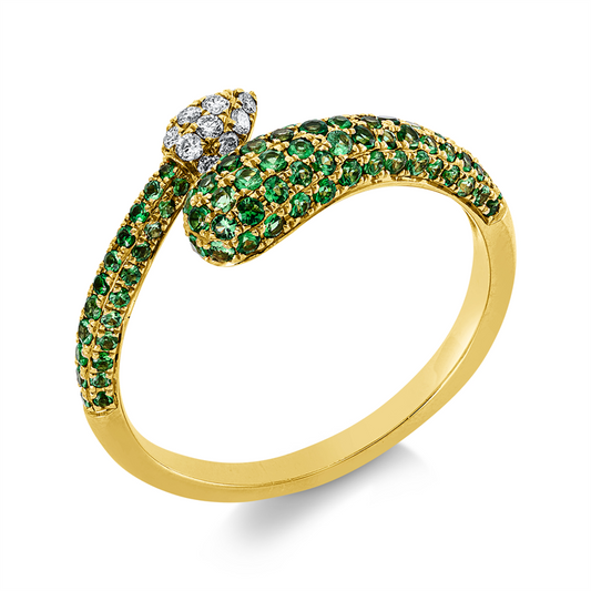 Ring 18 kt GG, 13 Brill. 0,08 ct, TW-si, 102 Tsavorith 0,57 ct grün