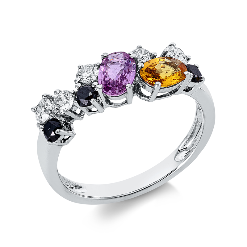 Ring 18 kt WG, 5 Brill. 0,39 ct, TW-pi, 3 Brill. 0,26 ct, schwarz, 2 Saphire 1,01 ct multicolor