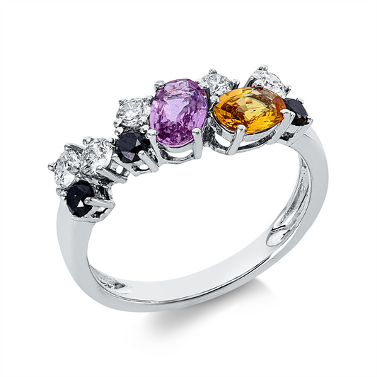 Ring 18 kt WG, 5 Brill. 0,39 ct, TW-pi, 3 Brill. 0,26 ct, schwarz, 2 Saphire 1,01 ct multicolor