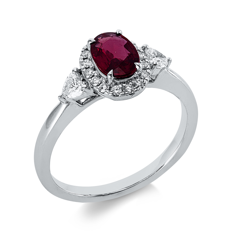 Ring 18 kt WG, 2 Herzschl. 0,23 ct, TW-vsi, 16 Brill. 0,11 ct, TW-si, 1 Rubin 0,75 ct rot