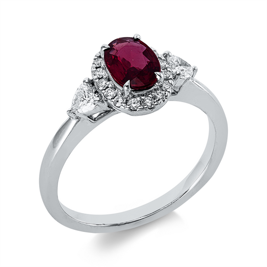 Ring 18 kt WG, 2 Herzschl. 0,23 ct, TW-vsi, 16 Brill. 0,11 ct, TW-si, 1 Rubin 0,75 ct rot