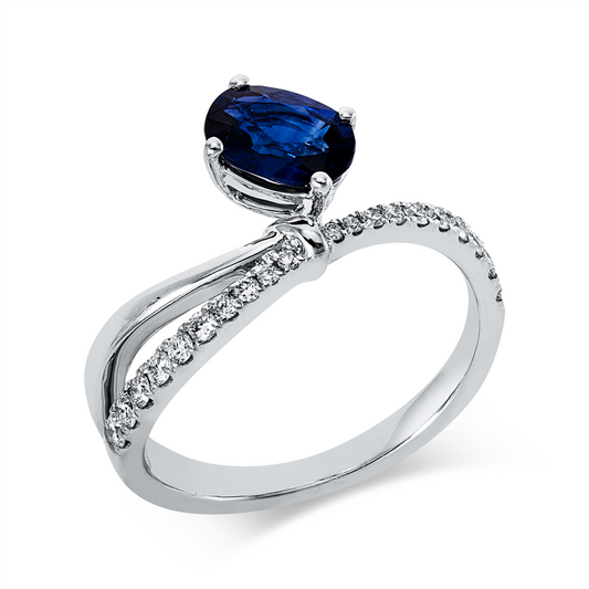 Ring 18 kt WG, 16 Brill. 0,21 ct, TW-si, 4 Brill. 0,02 ct, TW-si, 1 Saphir 0,99 ct blau
