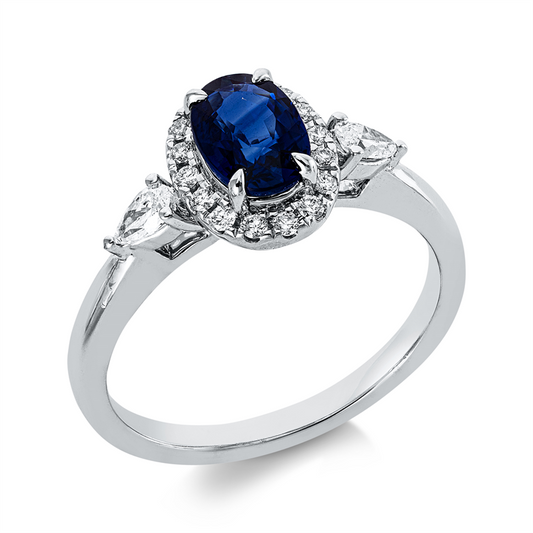 Ring 18 kt WG, 2 Tropfen 0,15 ct, TW-si, 16 Brill. 0,11 ct, TW-si, 1 Saphir 1,05 ct blau
