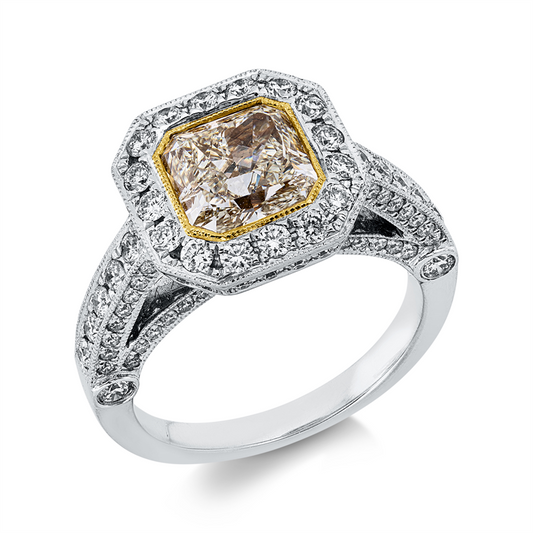 Ring 18 kt WG+GG, 2 Brill. 0,13 ct, TW-si, 110 Brill. 1,33 ct, TW-si, 1 Radiant 2,02 ct, gelb