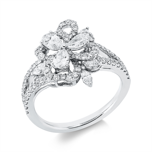 Ring 18 kt WG, 3 Tropfen 0,45 ct, TW-si, 4 Nav. 0,19 ct, TW-si, 81 Brill. 0,57 ct, TW-si