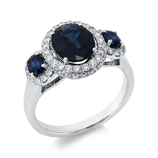 Ring 18 kt WG, 56 Brill. 0,50 ct, TW-si, 3 Saphire 2,41 ct blau