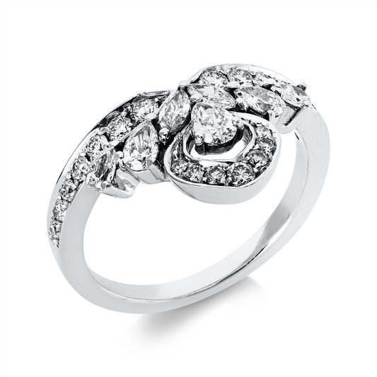 Ring 18 kt WG, 2 Nav. 0,10 ct, TW-si, 5 Tropfen 0,33 ct, TW-si, 21 Brill. 0,33 ct, TW-si