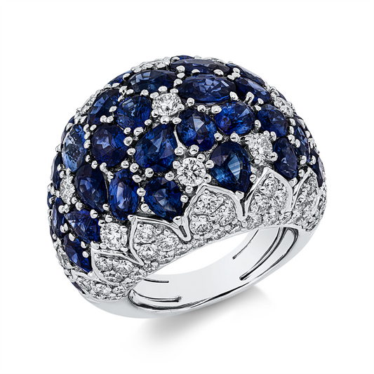Ring 18 kt WG, 11 Brill. 0,94 ct, TW-vsi, 76 Brill. 2,25 ct, TW-vsi, 38 Saphire 13,55 ct blau