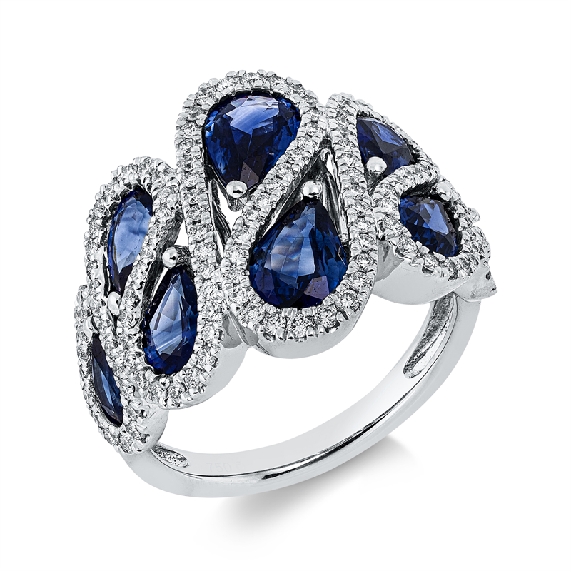 Ring 18 kt WG, 137 Brill. 0,57 ct, TW-si, 8 Saphire 3,35 ct blau