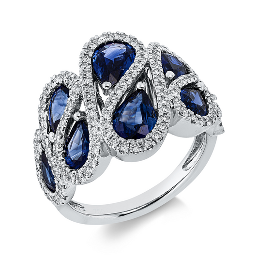Ring 18 kt WG, 137 Brill. 0,57 ct, TW-si, 8 Saphire 3,35 ct blau