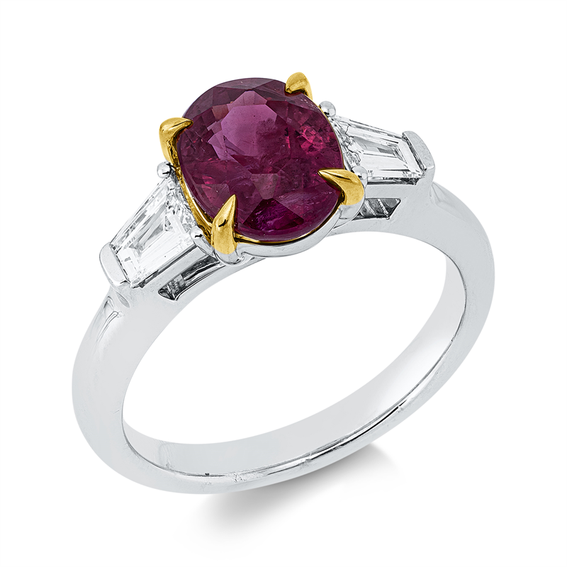 Ring 18 kt WG+GG, 2 Fant-Schl. 0,45 ct, E-vsi, 1 Rubin 2,89 ct rot