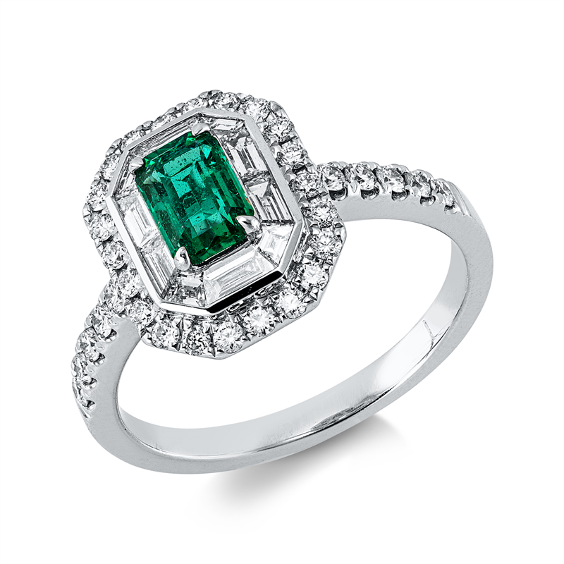 Ring 18 kt WG, 10 Fant-Schl. 0,39 ct, TW-si, 32 Brill. 0,36 ct, TW-si, 1 Smaragd 0,51 ct grün