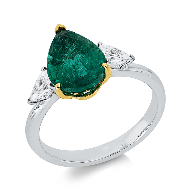 Ring 18 kt WG+GG, 2 Tropfen 0,46 ct, F-vsi/si, 1 Smaragd 2,62 ct grün