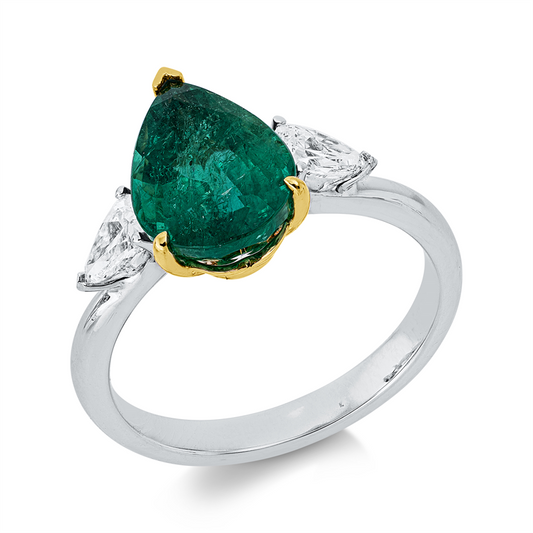Ring 18 kt WG+GG, 2 Tropfen 0,46 ct, F-vsi/si, 1 Smaragd 2,62 ct grün