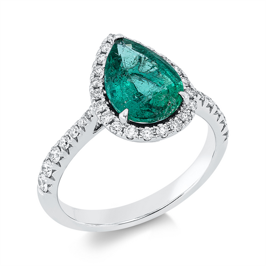Ring 18 kt WG, 36 Brill. 0,42 ct, TW-si, 1 Smaragd 2,05 ct grün