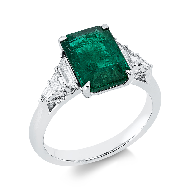 Ring 18 kt WG, 6 Fant-Schl. 0,36 ct, E-si, 1 Smaragd 3,08 ct grün