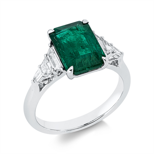Ring 18 kt WG, 6 Fant-Schl. 0,36 ct, E-si, 1 Smaragd 3,08 ct grün