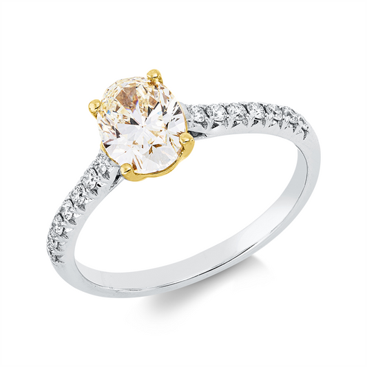 Ring 18 kt WG+GG, 14 Brill. 0,17 ct, TW-si, 1 Oval 1,01 ct, gelb