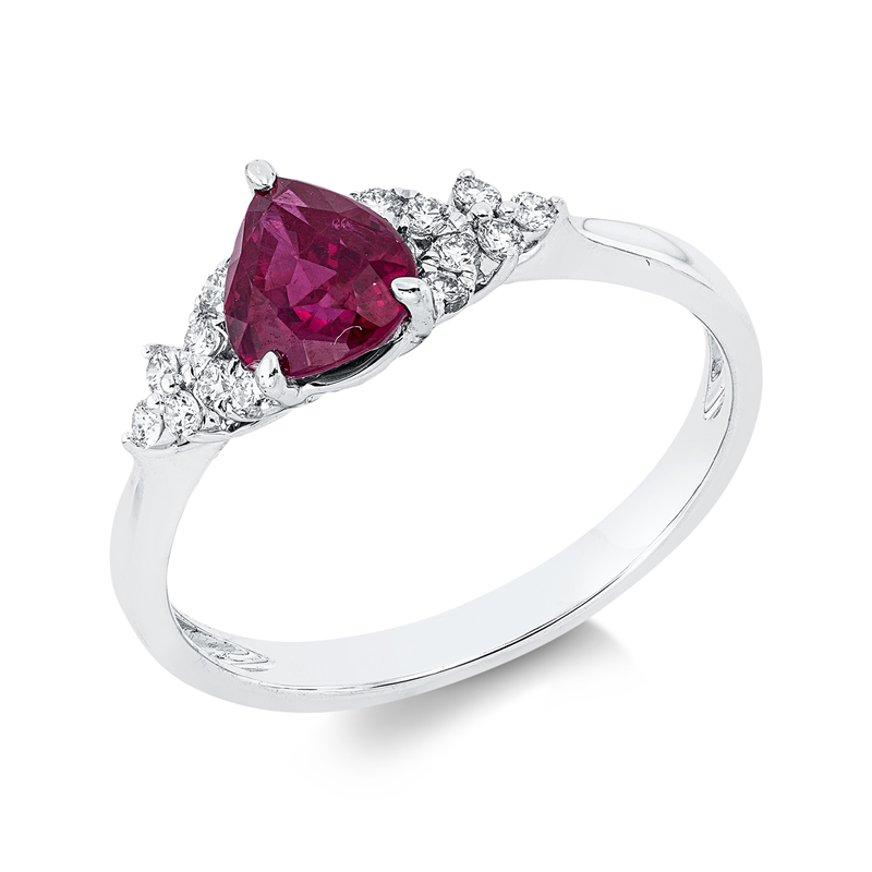 Ring 18 kt WG, 14 Brill. 0,14 ct, TW-si, 1 Rubin 1,11 ct rot