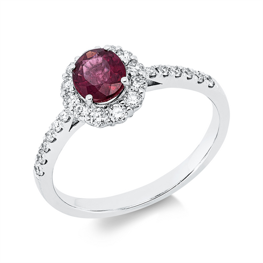 Ring 18 kt WG, 24 Brill. 0,38 ct, TW-si, 1 Rubin 0,72 ct rot