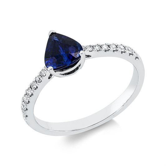 Ring 18 kt WG, 16 Brill. 0,15 ct, TW-si, 1 Saphir 1,07 ct blau