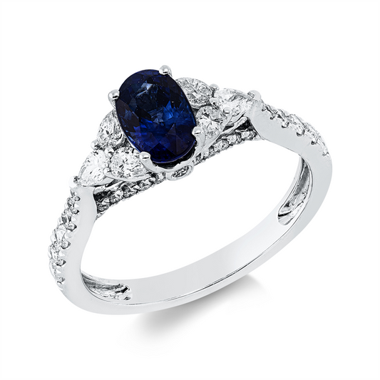 Ring 18 kt WG, 6 Tropfen 0,30 ct, W-pi, 34 Brill. 0,30 ct, W-pi, 1 Saphir 1,03 ct blau