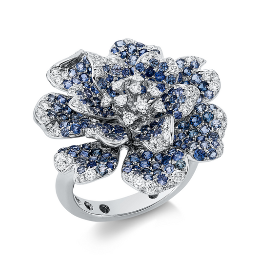Ring 18 kt WG, 72 Brill. 0,73 ct, TW-vsi, 176 Saphire 2,57 ct blau