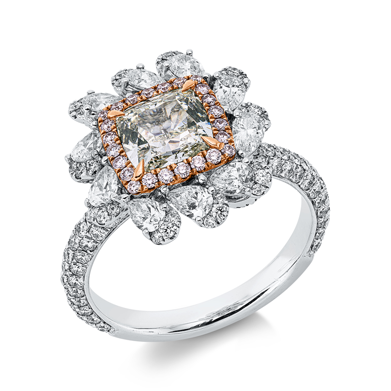 Ring 18 kt WR, GIA,1 Cu 1,44 ct, grün, 10 Tr 0,69ct, 166 Br.0,83ct, TW-vs/si, 24 Br. 0,13ct, pink-vsi/si